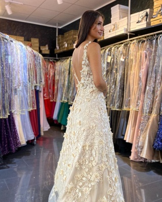 Stylish 3D Floral A-line Wedding Dress Sleeveless V-Neck Maxi Dress for Bride_3