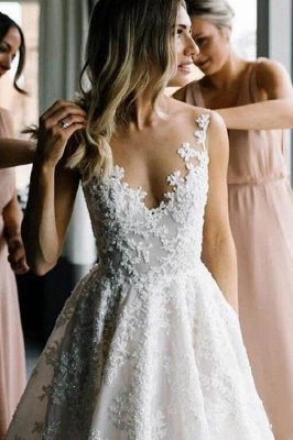 Straps V-neck Floral Beads A-line Wedding Dress_5