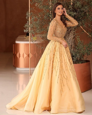 Gorgeous Tulle Daffodil Crystal A-Line Prom Dresses With Long Sleeves_2
