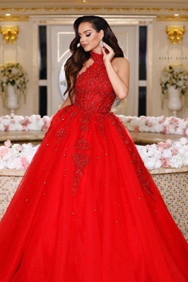 Halter Red Appliques Tulle Evening Maxi Gown_1