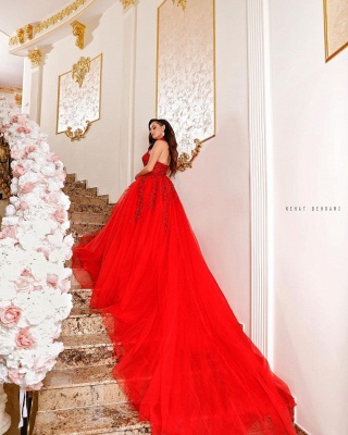 Halter Red Appliques Tulle Evening Maxi Gown_2