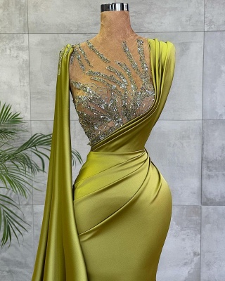 Charming Satin Sage Mermaid Evening Gown with Side Cape_2