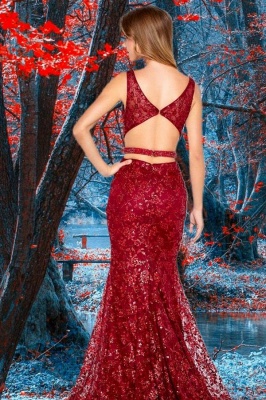 Sexy Sleeveless Ruby V Neck Lace Appliques Mermaid Prom Dresses_2