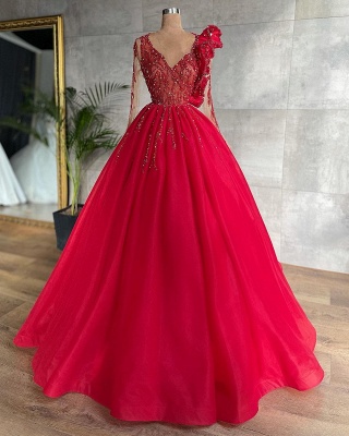 Stunning Red Beadings A-line Evening Maxi Dress Tulle V-Neck Party Dress for Women_2