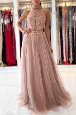 Stunning Halter Lace Appliques Tulle Aline Evening Maxi Dress_1