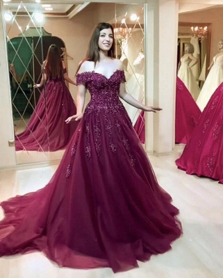 Burgundy Long Cheap A-line Off-the-shoulder Prom Dresses with Lace_3
