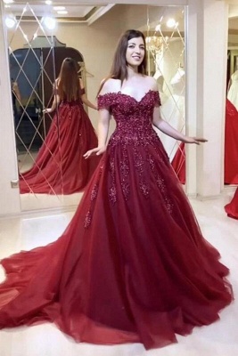 Burgundy Long Cheap A-line Off-the-shoulder Prom Dresses with Lace_1