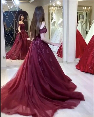 Burgundy Long Cheap A-line Off-the-shoulder Prom Dresses with Lace_2