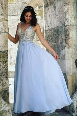 Beautiful Deep V-neck Crystal Open Back A-line Floor-length Chiffon Prom Dress_1