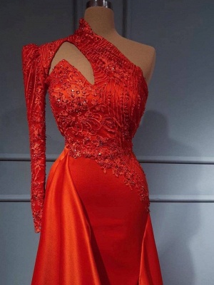 Red One Shoulder Long Sleeves Mermaid Prom Dress Split Lace Evening Gowns_2