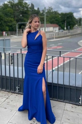 Elegant Sleeveless Royal Blue Split Satin Mermaid Evening Dresses_1