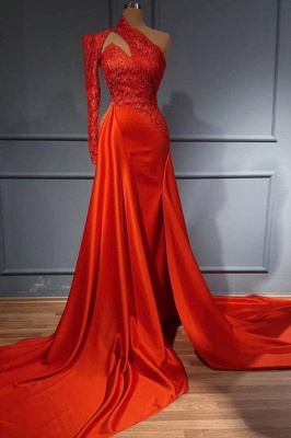 Red One Shoulder Long Sleeves Mermaid Prom Dress Split Lace Evening Gowns_1