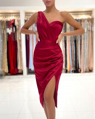 Sexy Burgundy Satin One Shoulder Ruffles Backless Short Prom Dress With Front Slit_2
