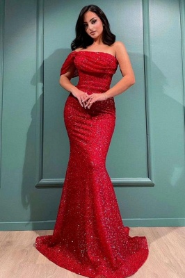 Sexy Red One Shoulder Backless Glitter Sequins Mermaid Evening Prom Dress_1