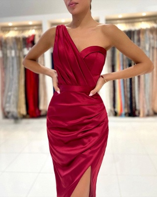 Sexy Burgundy Satin One Shoulder Ruffles Backless Short Prom Dress With Front Slit_4