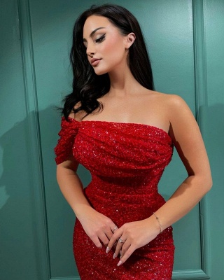 Sexy Red One Shoulder Backless Glitter Sequins Mermaid Evening Prom Dress_4