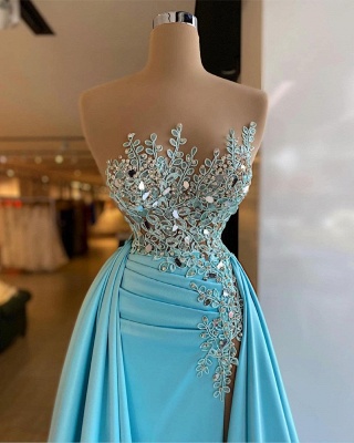 Sexy Blue Strapless A line Long Prom Dresses With Lace_2
