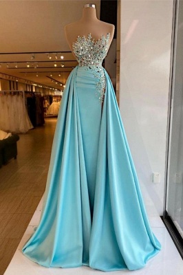 Sexy Blue Strapless A line Long Prom Dresses With Lace_1