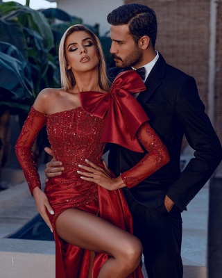 Sparkly Red One Shoulder Long Sleeve Prom Dress With Glitter_2