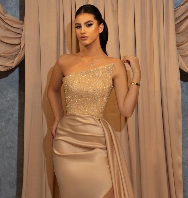 Elegant Champagne One Shoulder Sheath Floor-length Prom Dresses with Slit_2
