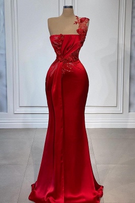 Decent Red Pleats Flowers One Shoulder Sleeveless Floor-length Empire Prom Dresses_1