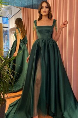 Modest Green A-Line Square Neckline Straps Prom Dresses with Slit_1