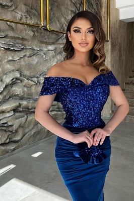 Classy Blue Sequins Sweetheart Off-the-shoulder Floor-length Column Prom Dresses_2