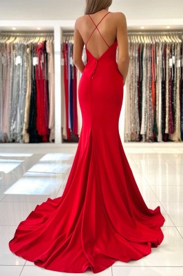 Exquisite Red Spaghetti Straps Sleeveless Mermaid Satin Prom Dresses_4