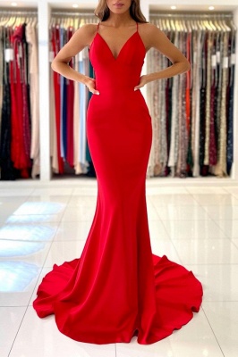 Exquisite Red Spaghetti Straps Sleeveless Mermaid Satin Prom Dresses_3