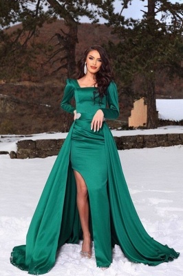 Elegant Long Green Split Long Sleeves Evening Dresses_1