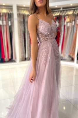 Shimmers Pink Spaghettistraps Sleeveless Column Tulle Floor-Length Prom Dresses with Beadings_5