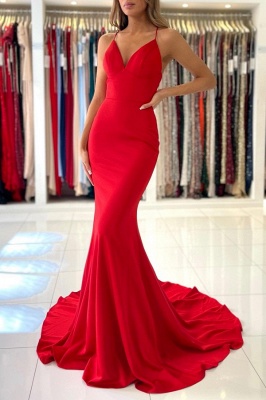 Exquisite Red Spaghetti Straps Sleeveless Mermaid Satin Prom Dresses_2