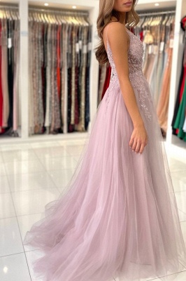 Shimmers Pink Spaghettistraps Sleeveless Column Tulle Floor-Length Prom Dresses with Beadings_6
