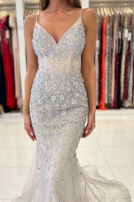 Gorgeous Spaghetti Straps Sleeveless Mermaid Floor-Length Lace Prom Dresses_4