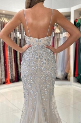 Gorgeous Spaghetti Straps Sleeveless Mermaid Floor-Length Lace Prom Dresses_3