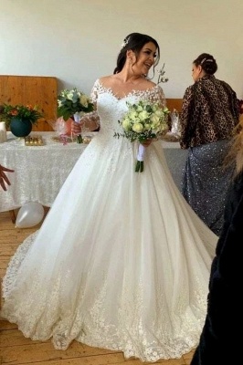 Decent Sweetheart Long-Sleeve A-Line Tulle Wedding Dresses with Lace_2