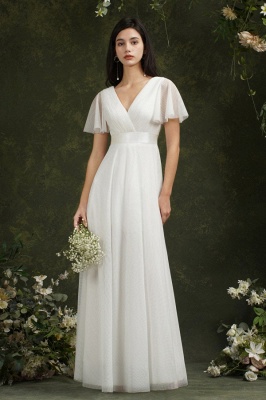 Vintage white V-Neck Short-Sleeves A-Line Floor-Length Tulle Prom Dresses_7