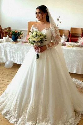 Decent Sweetheart Long-Sleeve A-Line Tulle Wedding Dresses with Lace_1