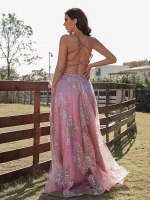 Pink Spaghetti Lace Long Applique Prom Dresses_2