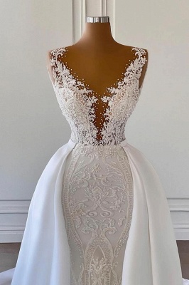 Magnifique robe de mariée sirène blanche Appliques en dentelle avec surjupe_2
