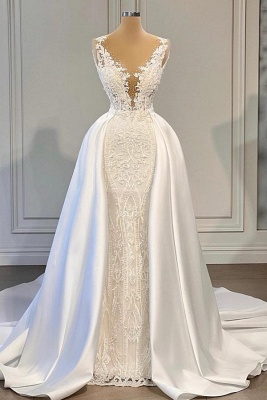Wunderschönes weißes Meerjungfrau-Hochzeitskleid mit Spitzenapplikationen und Überrock