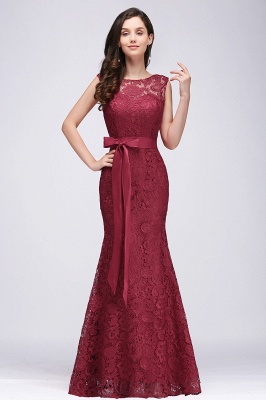 Lace Floor-Length Burgundy Sleeveless Mermaid Bowknot-Sash Prom Dresses_2