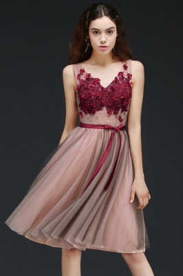 Burgundy-Flowers Sash A-line Open-Back Romantic V-Neck Homecoming Dresses_1
