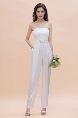 Fashion Strapless Satin Sleeveless Bridesmaid Jumpsuit with Beading Flowers On Sale_5
