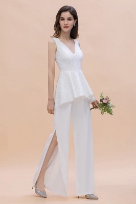 Fashion V-Neck Lace Side Slit Bridesmaid Jumpsuits with Hollowout On Sale_2
