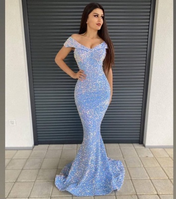 Off-the-Shoulder Sequins Prom Dress Long Mermaid Evening Party Gowns_2