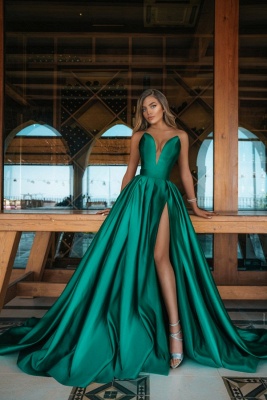 Elegant Sweetheart Green Evening Gowns Long Prom Dress With Slit_1