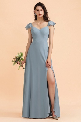Fashion Dusty Blue Chiffon Sweetheart Slit Bridesmaid Dress with Ruffles Online_1