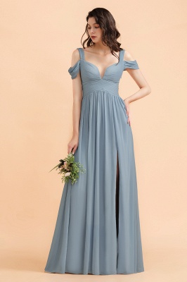 Sexy Cold-Shoulder Dusty Blue Chiffon Bridesmaid Dress with Slit On Sale_1