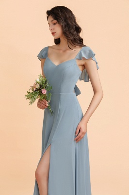 Fashion Dusty Blue Chiffon Sweetheart Slit Bridesmaid Dress with Ruffles Online_7